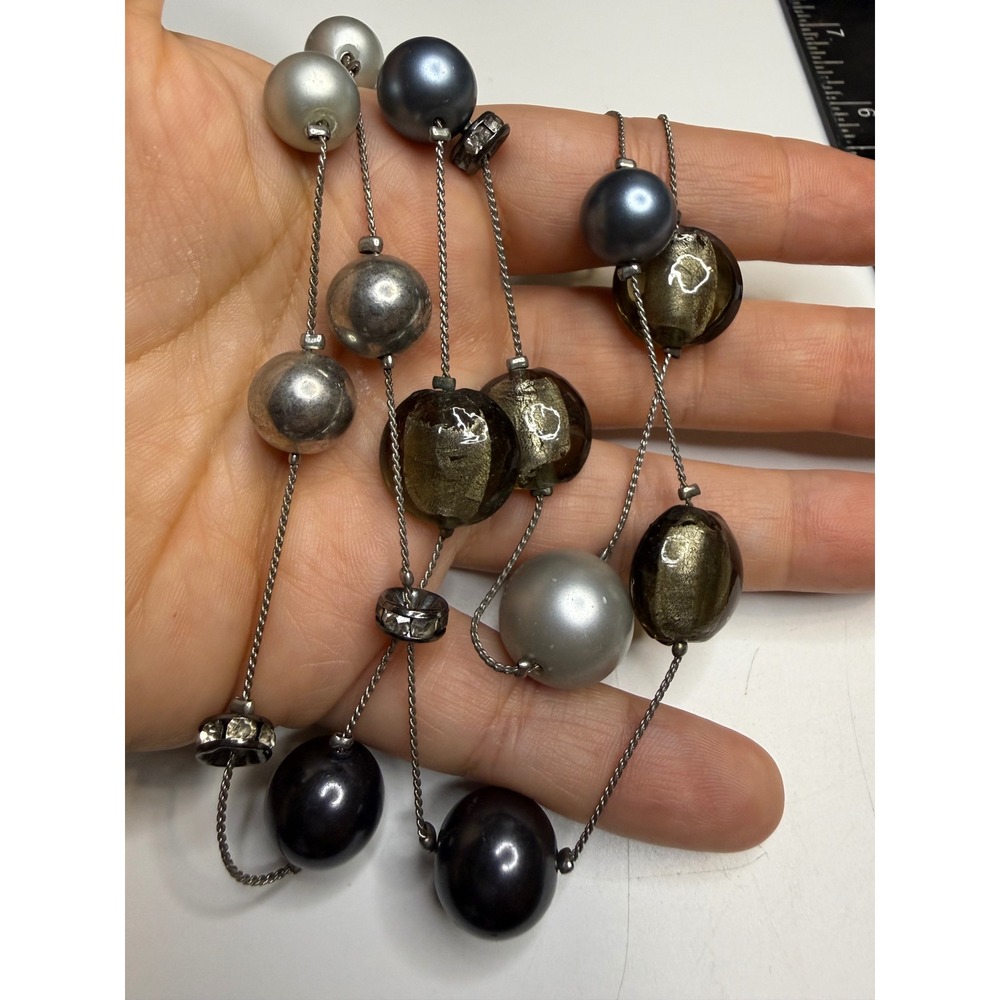 Long Beaded Station Necklace Gunmetal Faux Pearl Glass Rhinestone 36-39 Inch